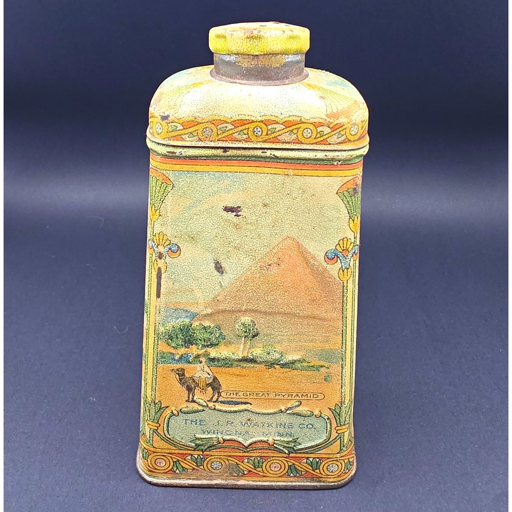 Antique 1920s Watkins Egyptian Bouquet Talcum Powder Tin Sphinx Pyramid Cairo